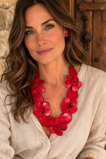 Red flower statement necklace Tagua jewelry Big bold necklaces Wearable art Beaded necklaces Floral jewelry Red roses