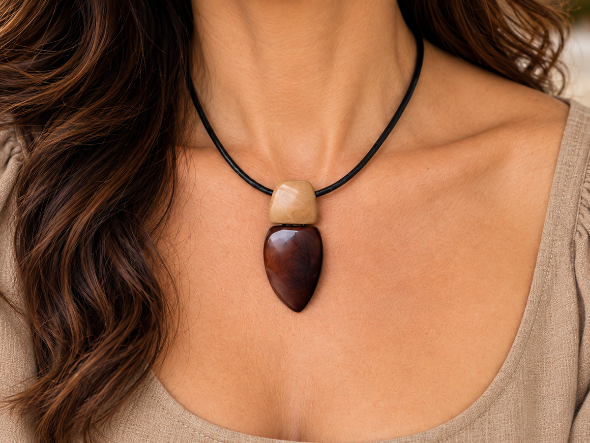 Brown and Beige Tagua Pendant Necklace with Magnetic Clasp