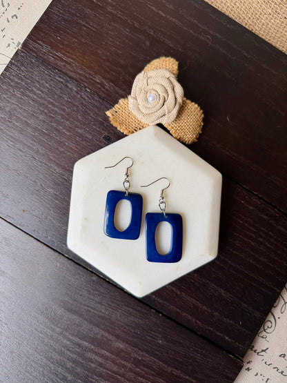Blue Tagua Nut Dangle Earrings, Geometric Statement Jewelry, Lightweight Eco Friendly Earrings