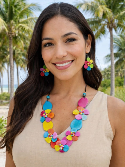 Rainbow flower statement necklace Tagua jewelry Big bold necklaces Wearable art Beaded necklaces Art to wear Rose necklace