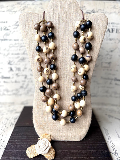 Black Beige Gray Multi Layer Tagua Necklace – Eco-Friendly Statement Jewelry