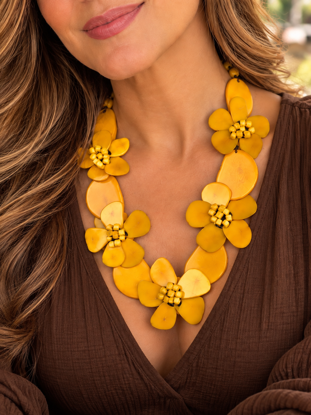 Mustard Yellow Floral Tagua Statement Necklace