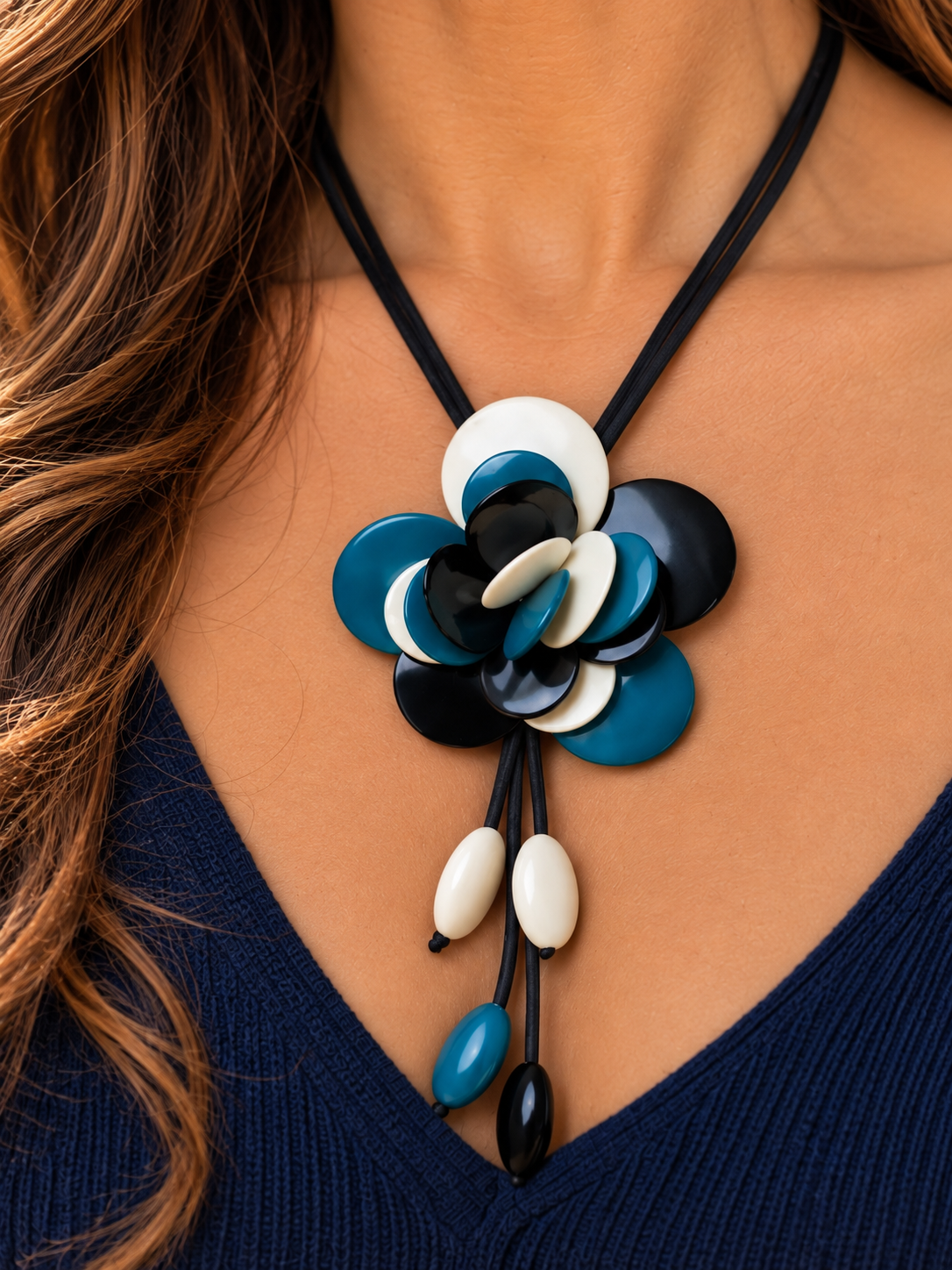 Handmade Tagua Flower Statement Necklace – Teal Blue, Black & White