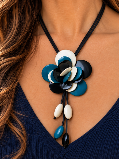 Handmade Tagua Flower Statement Necklace – Teal Blue, Black & White