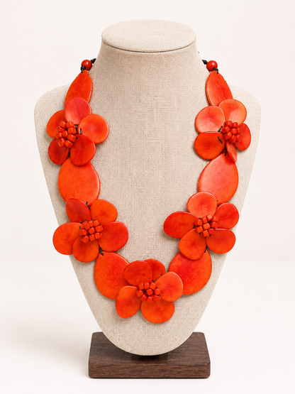 Orange Tagua Flower Statement Necklace, Handmade Eco-Friendly Jewelry