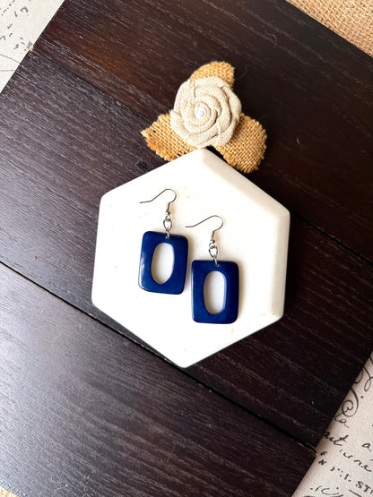 Blue Tagua Nut Dangle Earrings, Geometric Statement Jewelry, Lightweight Eco Friendly Earrings