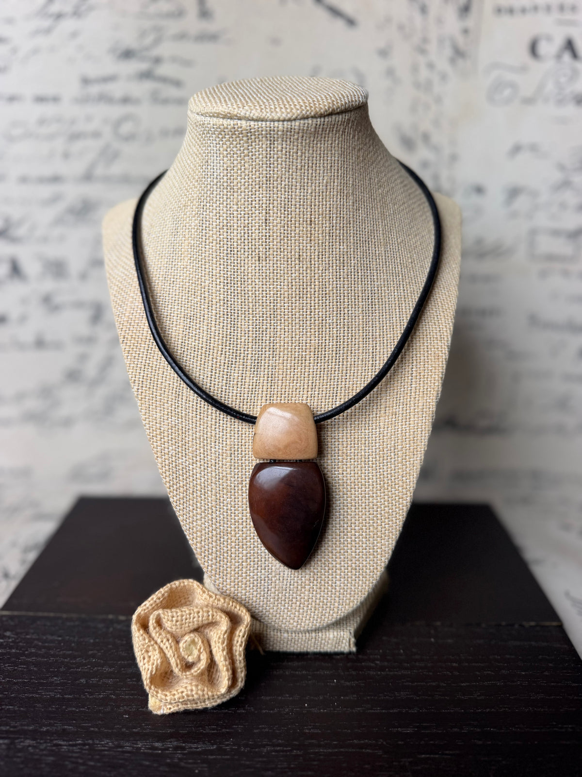 Brown and Beige Tagua Pendant Necklace with Magnetic Clasp