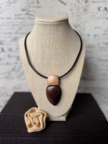 Brown and Beige Tagua Pendant Necklace with Magnetic Clasp