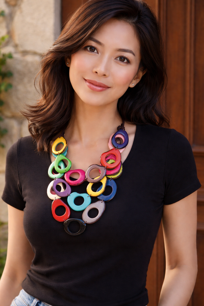 Multi color beaded Tagua Necklace Rainbow statement bib Adjustable cord