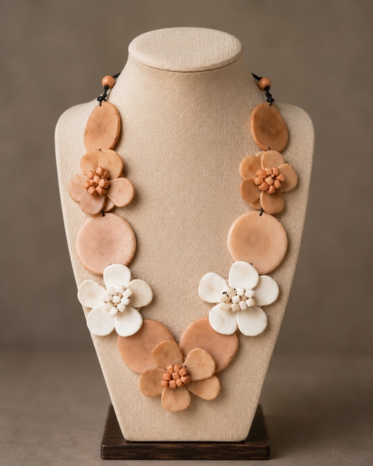 Natural Tagua Flower Statement Necklace, Nude & Ivory Handmade Eco-Friendly Necklace