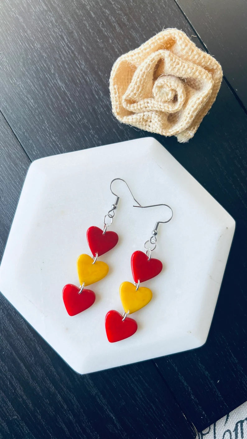 Spain flag heart earrings, tagua nut earrings, Spanish pride jewelry