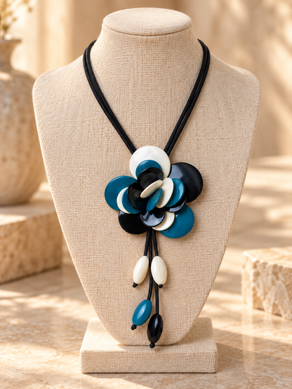 Handmade Tagua Flower Statement Necklace – Teal Blue, Black & White