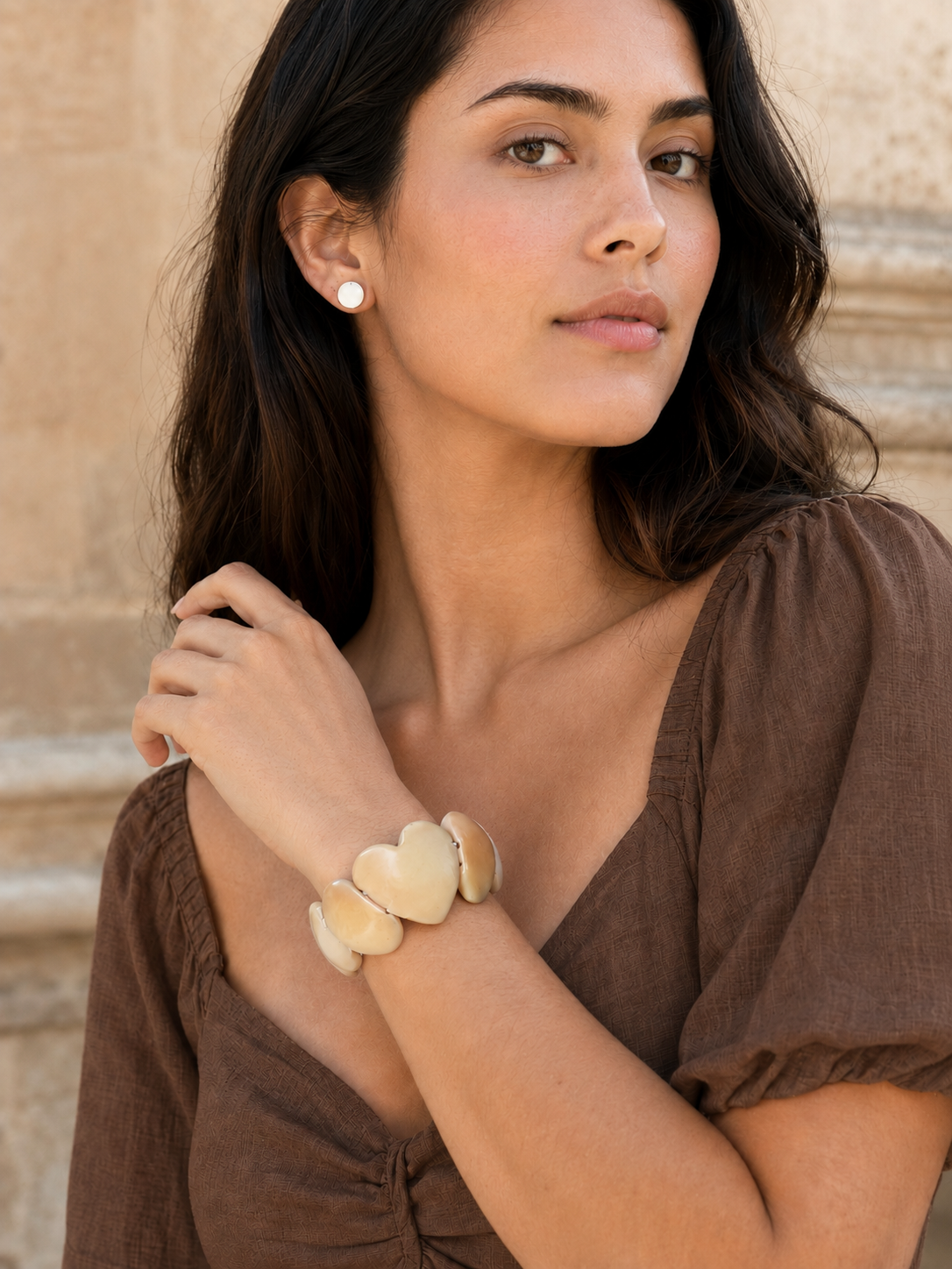 Natural Beige Tagua Heart, Stretch Bracelet