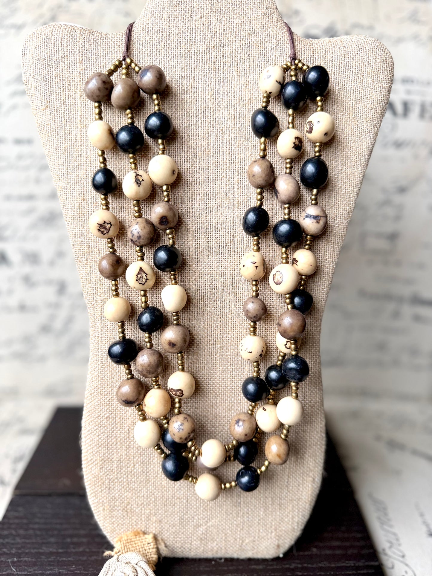 Black Beige Gray Multi Layer Tagua Necklace – Eco-Friendly Statement Jewelry