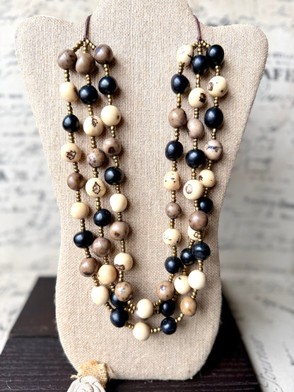 Black Beige Gray Multi Layer Tagua Necklace – Eco-Friendly Statement Jewelry