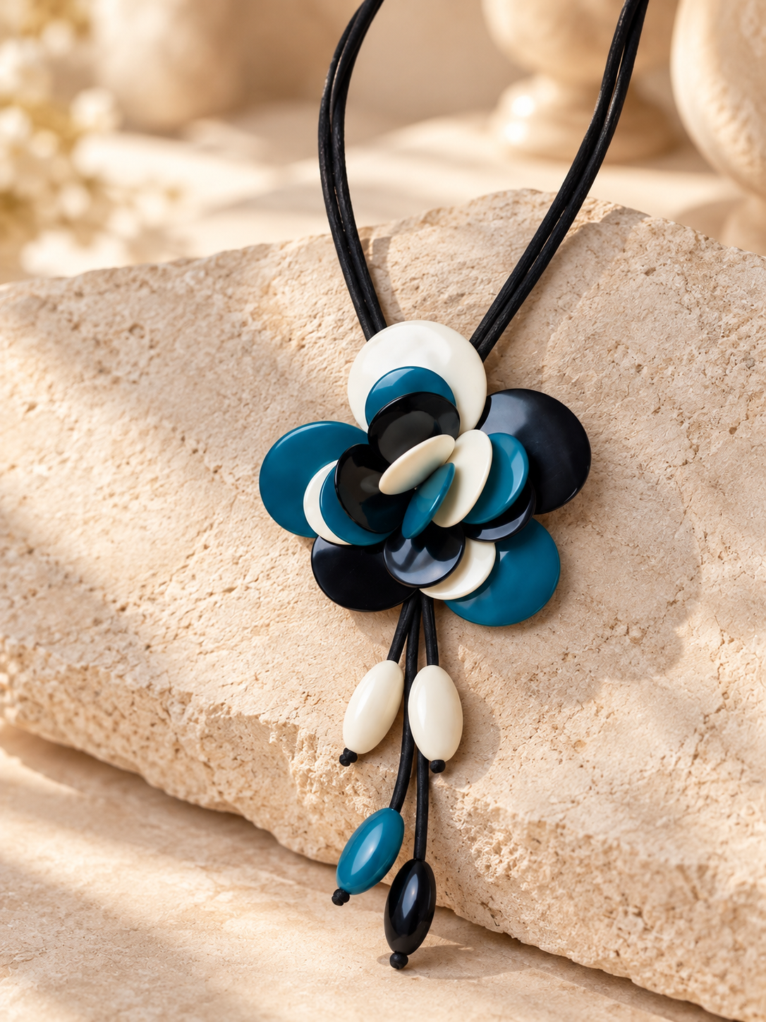 Handmade Tagua Flower Statement Necklace – Teal Blue, Black & White