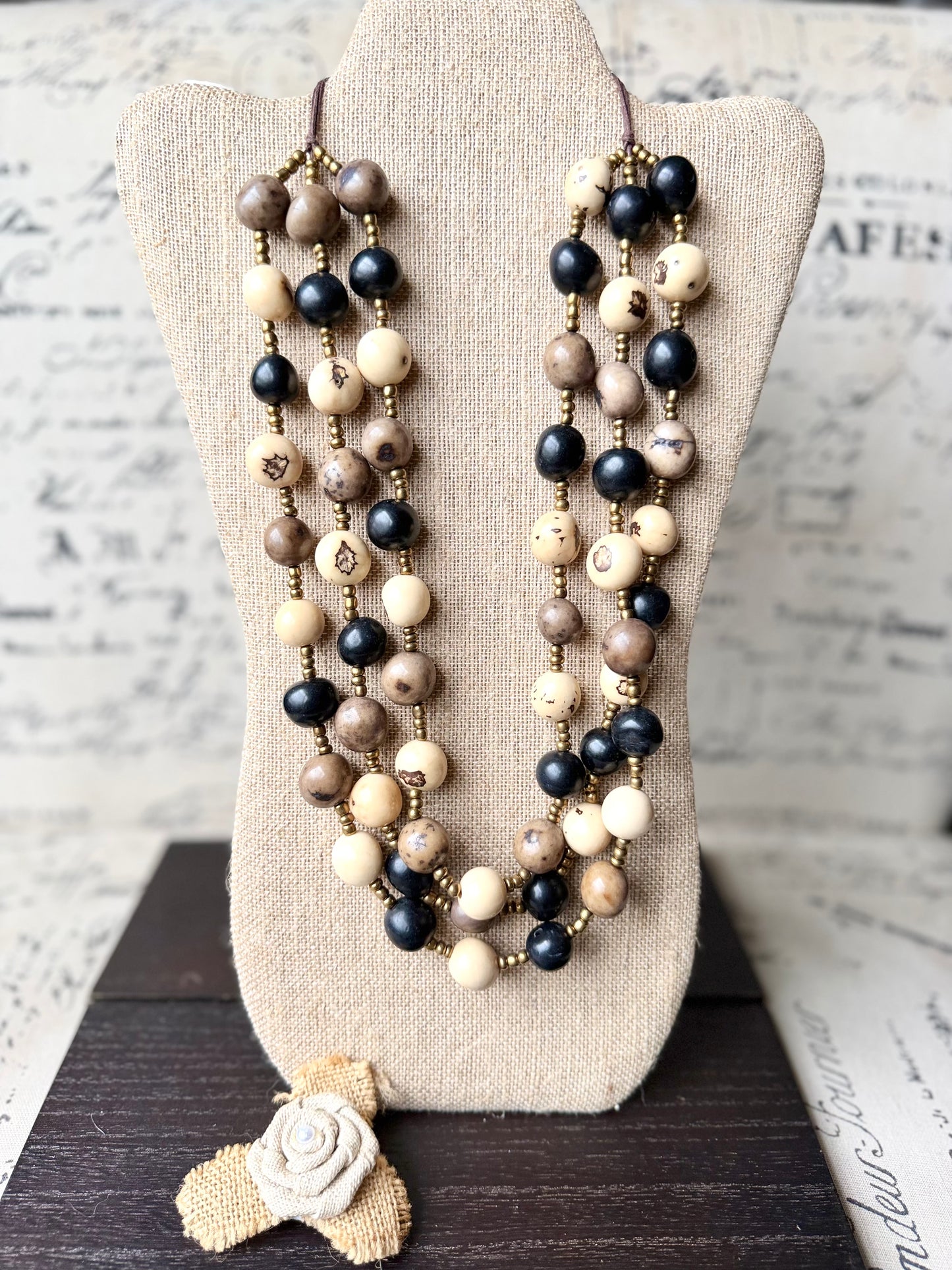 Black Beige Gray Multi Layer Tagua Necklace – Eco-Friendly Statement Jewelry