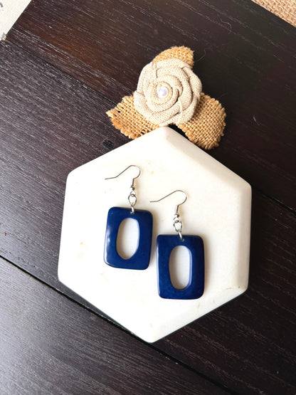 Blue Tagua Nut Dangle Earrings, Geometric Statement Jewelry, Lightweight Eco Friendly Earrings