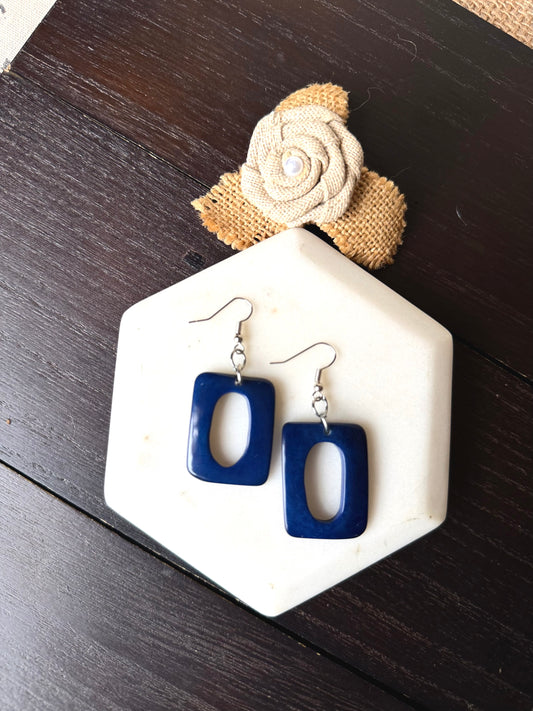 Blue Tagua Nut Dangle Earrings, Geometric Statement Jewelry, Lightweight Eco Friendly Earrings