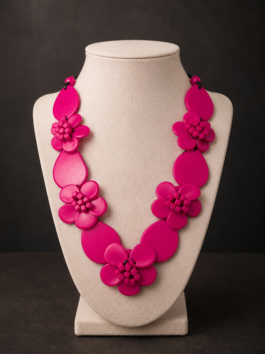 Hot Pink Tagua Flower Statement Necklace, Handmade Eco-Friendly Floral Jewelry