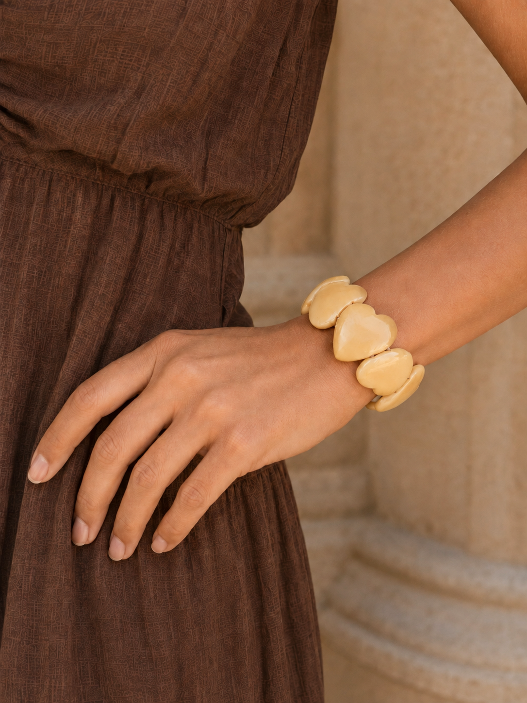 Natural Beige Tagua Heart, Stretch Bracelet