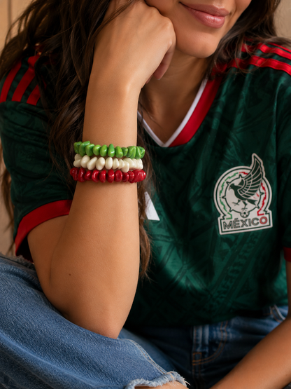 Mexican Flag Tagua Bracelet Set, Green White Red Stretch Bracelets