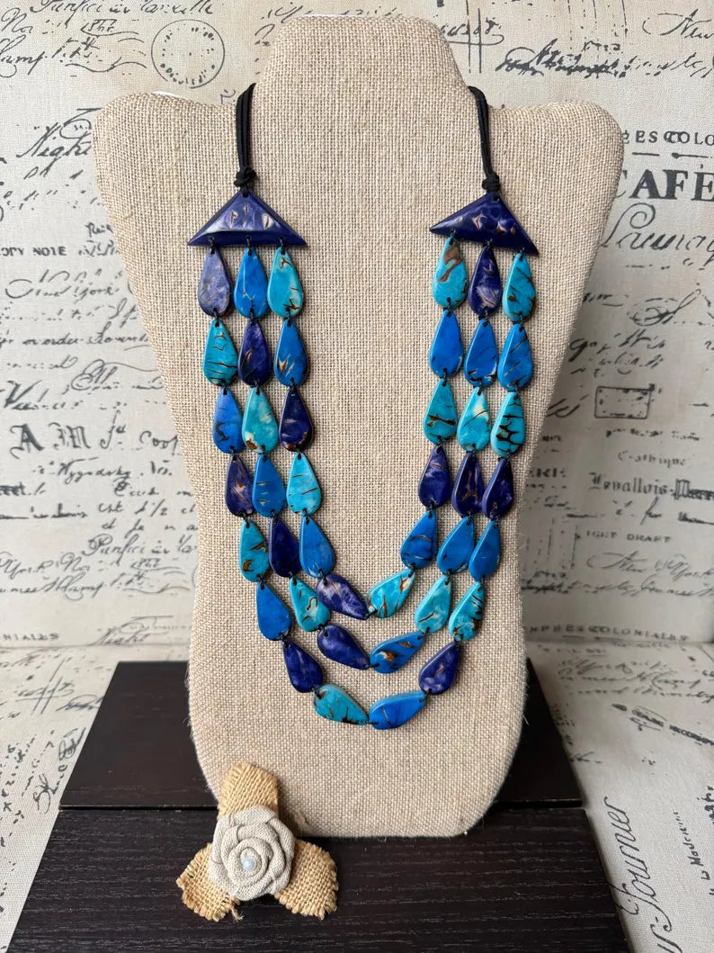 Turquoise Blue Multi-Strand Tagua Statement Necklace