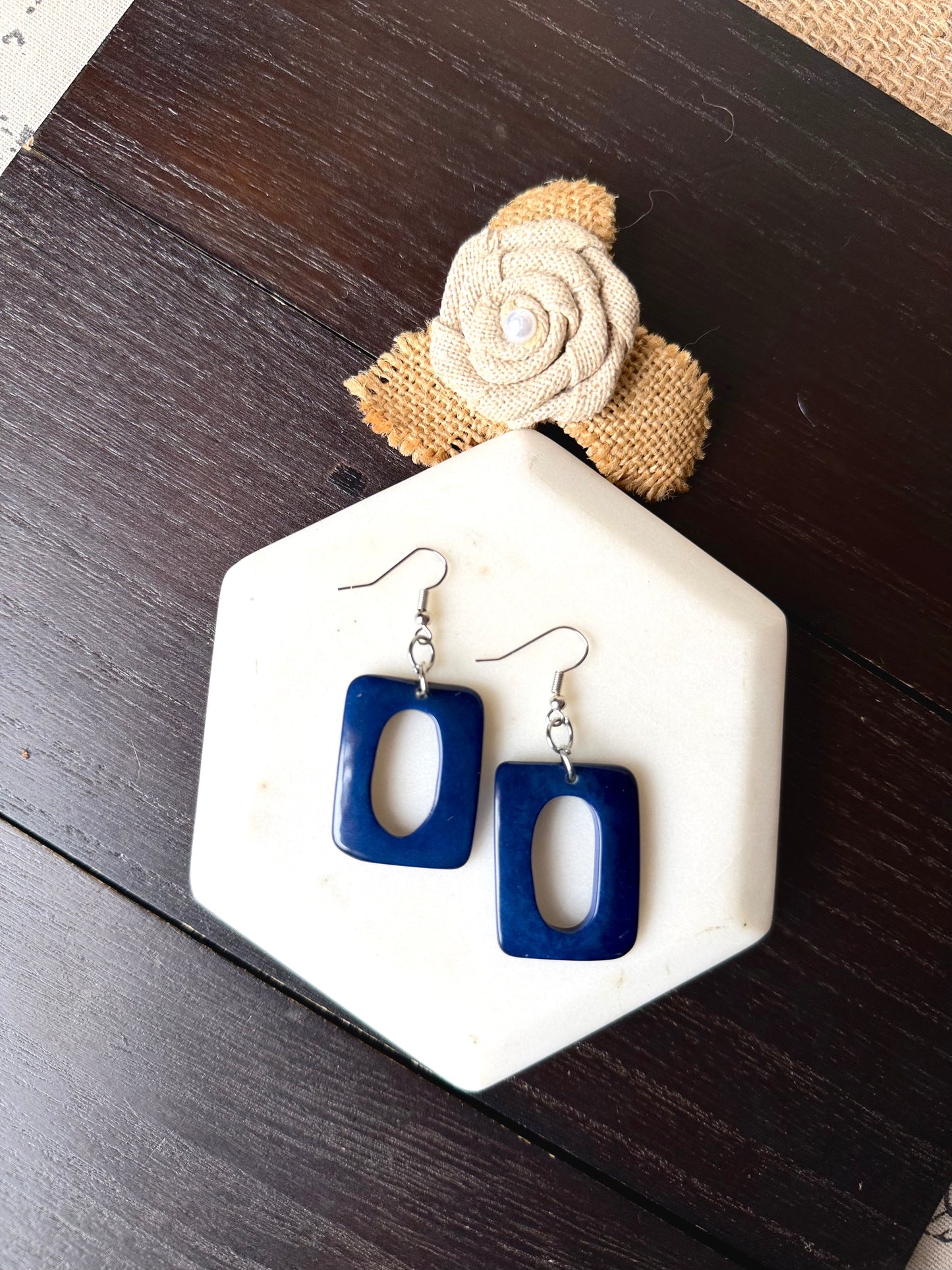 Blue Tagua Nut Dangle Earrings, Geometric Statement Jewelry, Lightweight Eco Friendly Earrings
