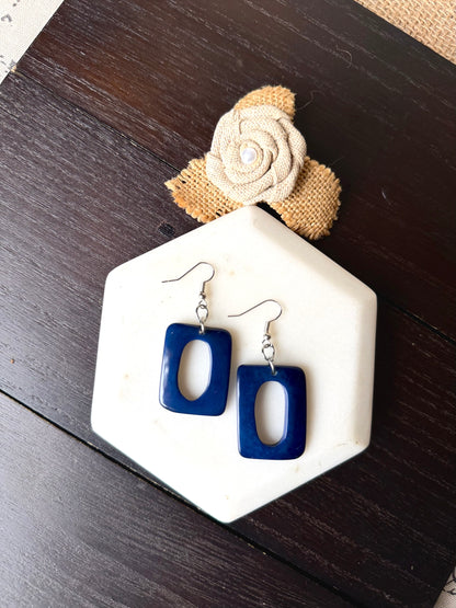 Blue Tagua Nut Dangle Earrings, Geometric Statement Jewelry, Lightweight Eco Friendly Earrings