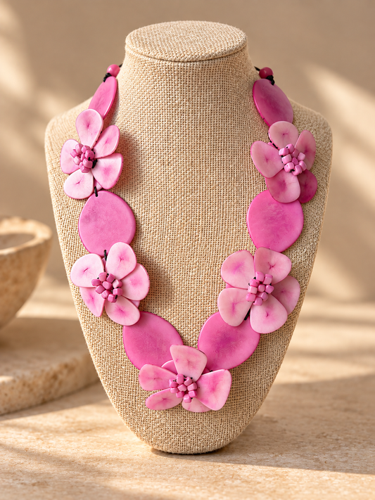 Pink Floral Tagua Statement Necklace