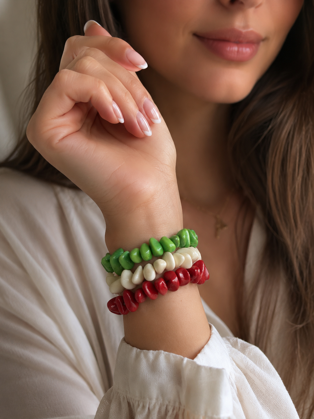 Mexican Flag Tagua Bracelet Set, Green White Red Stretch Bracelets