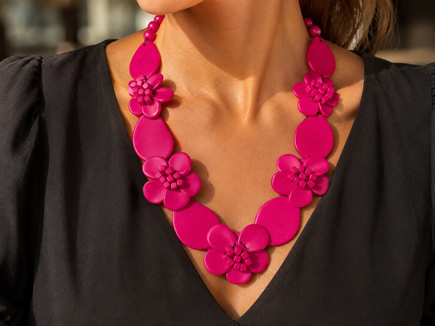 Hot Pink Tagua Flower Statement Necklace, Handmade Eco-Friendly Floral Jewelry