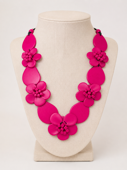 Hot Pink Tagua Flower Statement Necklace, Handmade Eco-Friendly Floral Jewelry