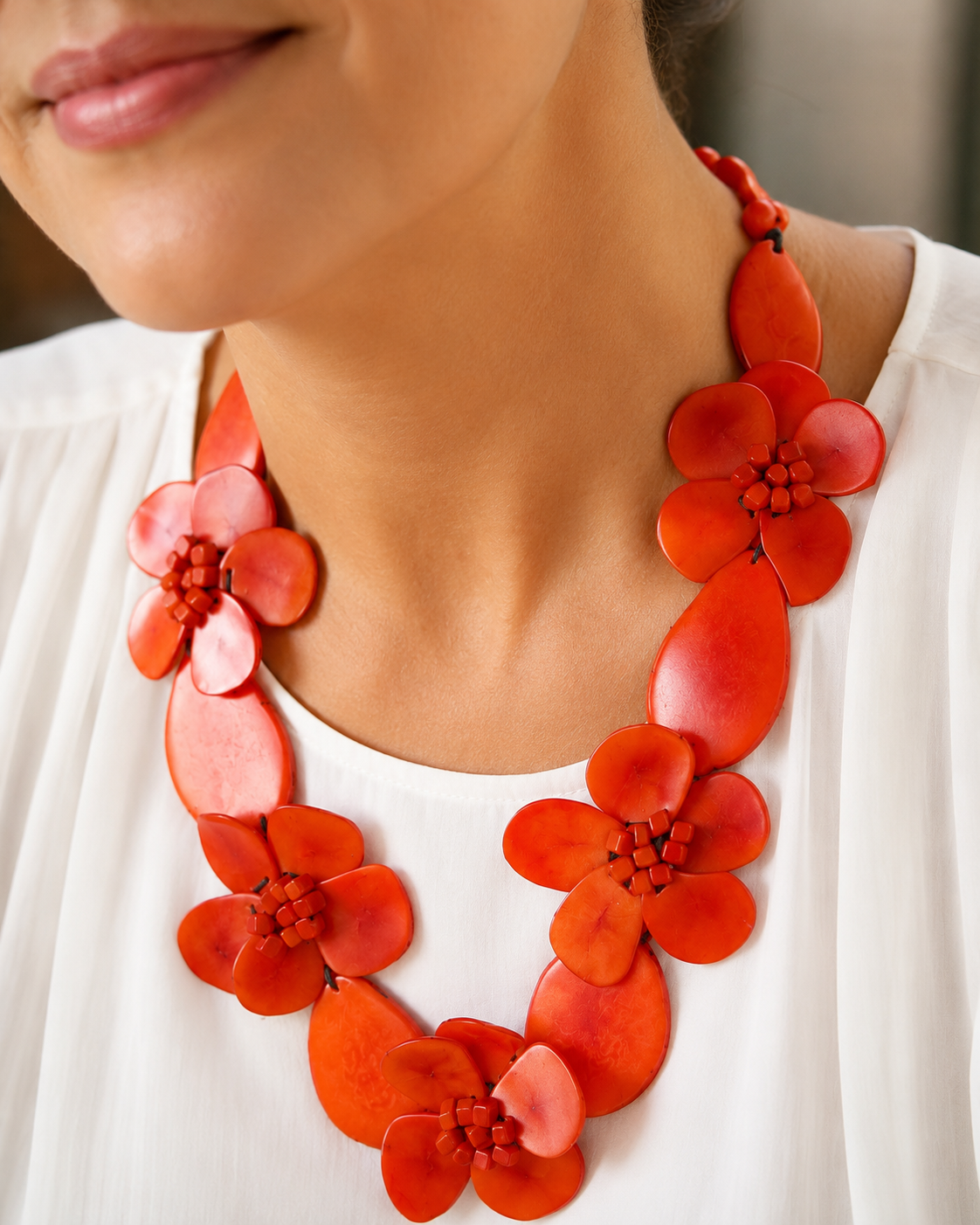 Orange Tagua Flower Statement Necklace, Handmade Eco-Friendly Jewelry