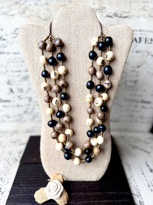Black Beige Gray Multi Layer Tagua Necklace – Eco-Friendly Statement Jewelry