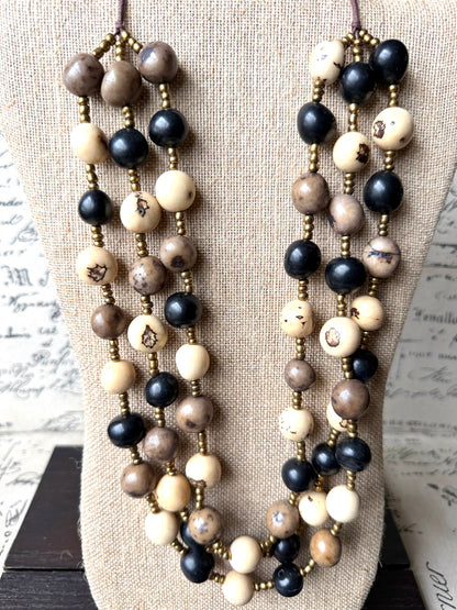 Black Beige Gray Multi Layer Tagua Necklace – Eco-Friendly Statement Jewelry