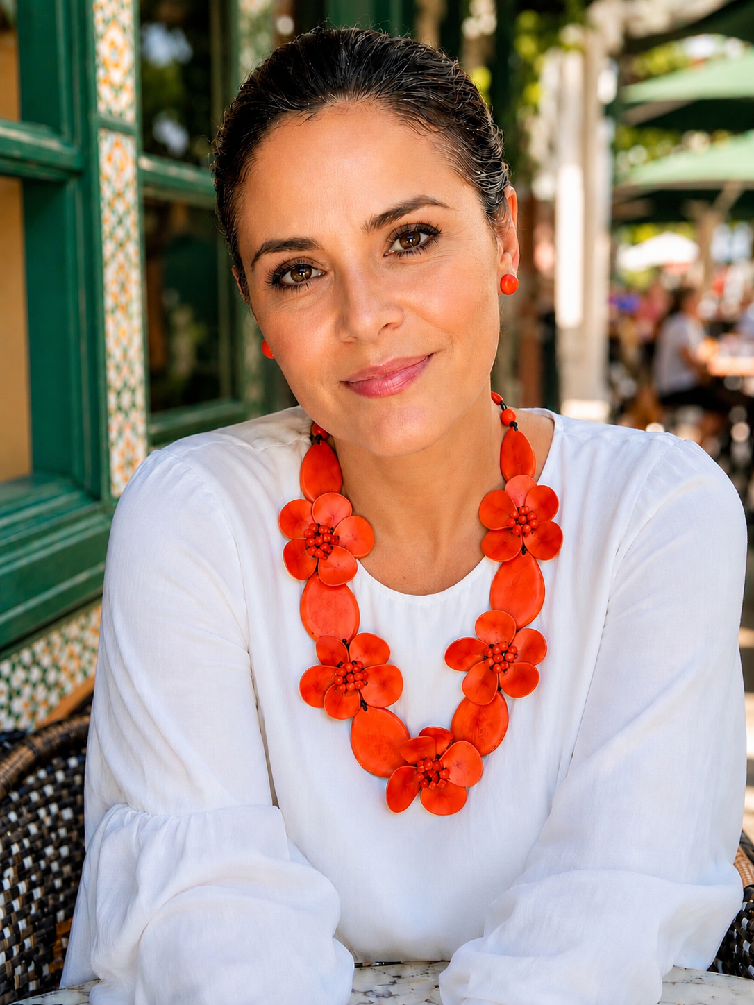 Orange Tagua Flower Statement Necklace, Handmade Eco-Friendly Jewelry