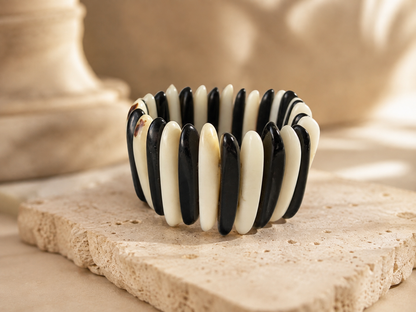 Black and White Tagua Nut Elastic Statement Bracelet