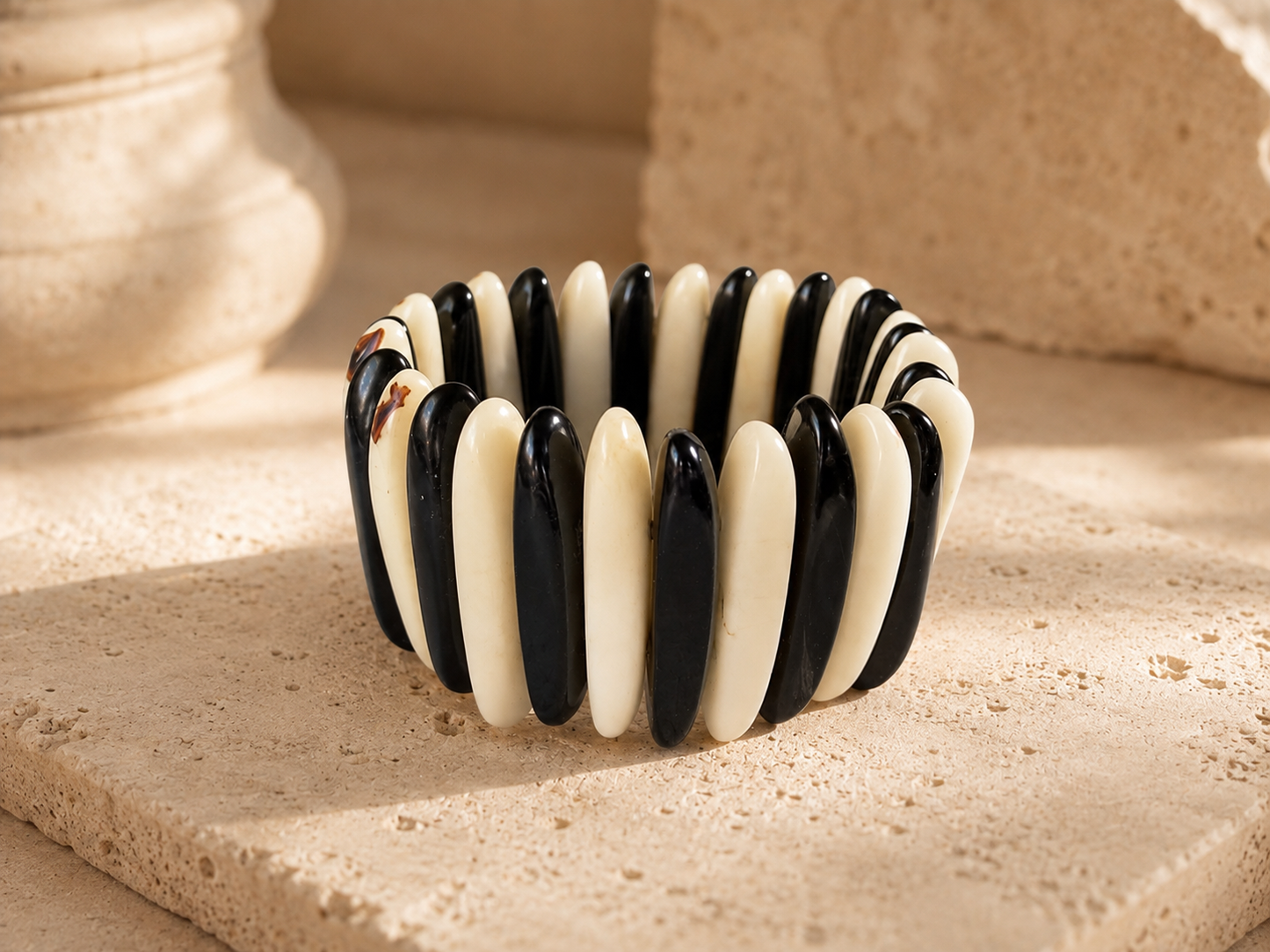 Black and White Tagua Nut Elastic Statement Bracelet
