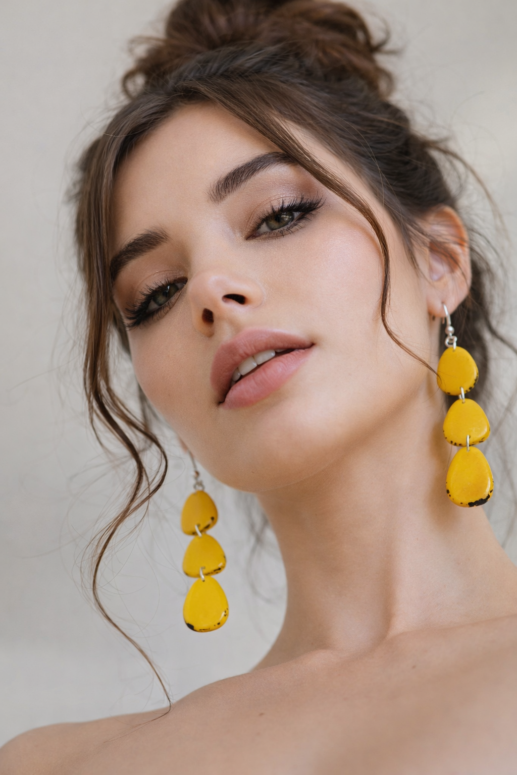 Long Yellow Tagua Nut Dangle Earrings: Boho Beaded Jewelry