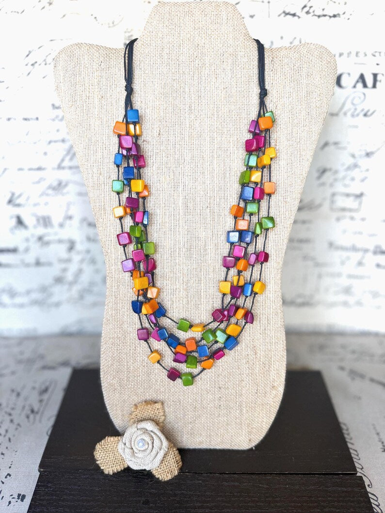 Rainbow Tagua Cube Necklace – Lightweight Handmade Fair Trade Statement Jewelry