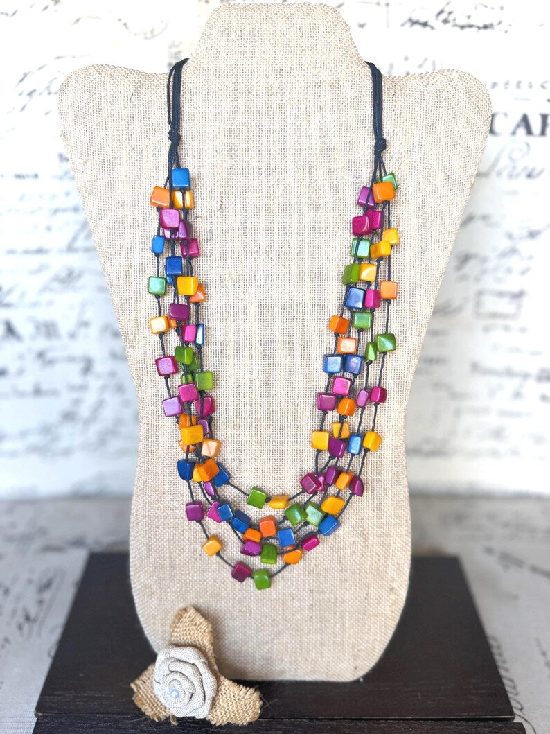 Rainbow Tagua Cube Necklace – Lightweight Handmade Fair Trade Statement Jewelry