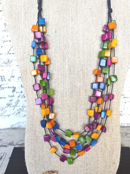 Rainbow Tagua Cube Necklace – Lightweight Handmade Fair Trade Statement Jewelry