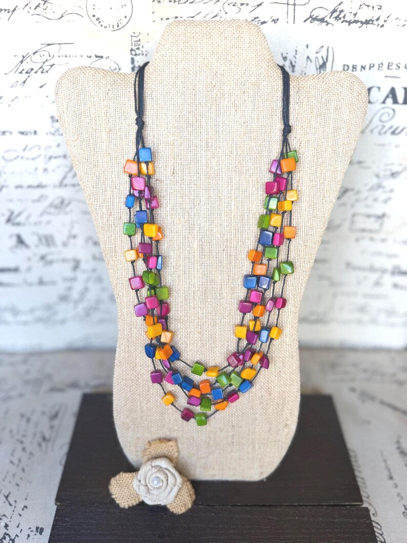 Rainbow Tagua Cube Necklace – Lightweight Handmade Fair Trade Statement Jewelry