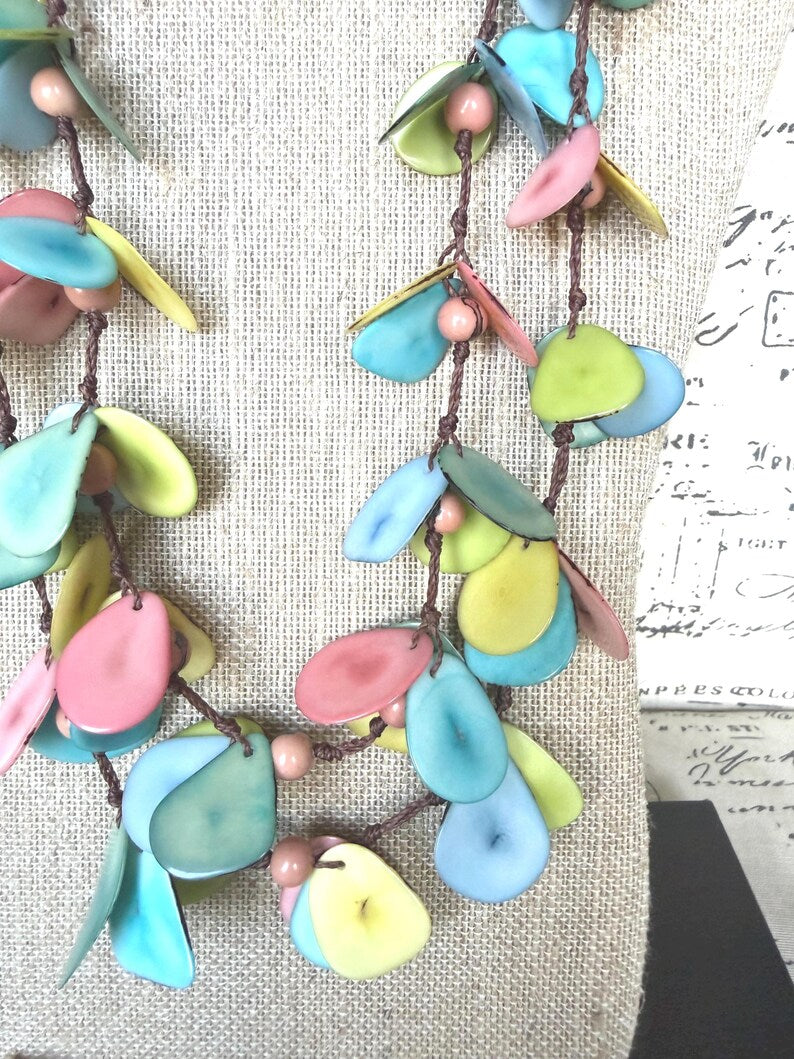 Pastel Tagua Nut Statement Necklace – Lightweight Eco-Friendly Boho Jewelry