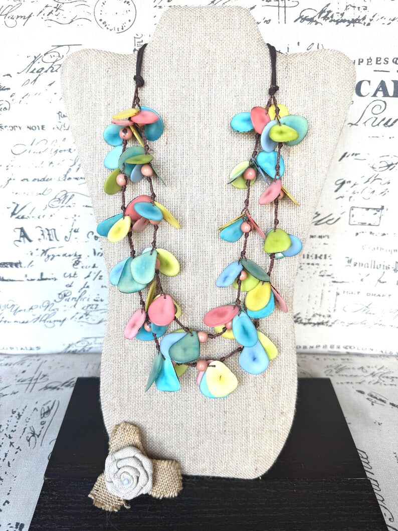 Pastel Tagua Nut Statement Necklace – Lightweight Eco-Friendly Boho Jewelry