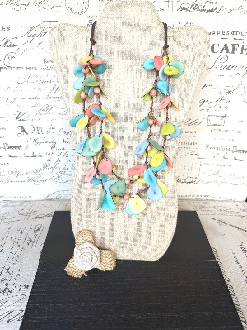 Pastel Tagua Nut Statement Necklace – Lightweight Eco-Friendly Boho Jewelry