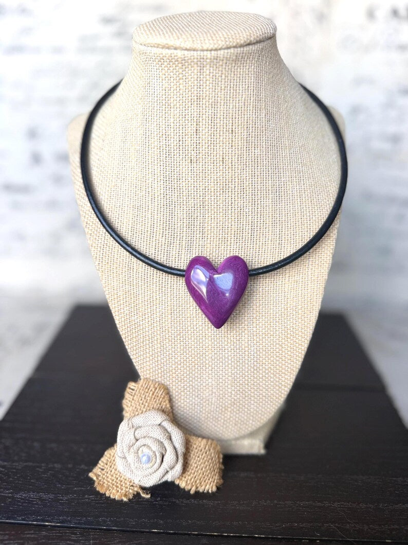 Purple Heart Tagua Nut Pendant Necklace with Magnetic Clasp – Handmade Eco Friendly Jewelry