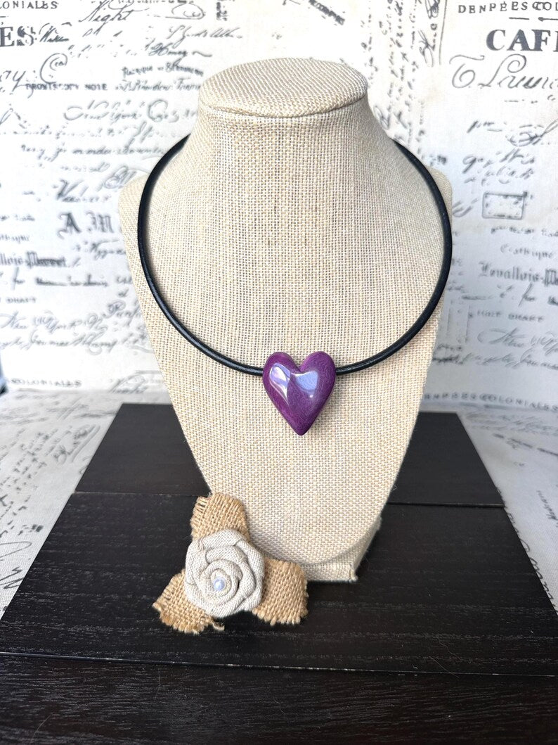 Purple Heart Tagua Nut Pendant Necklace with Magnetic Clasp – Handmade Eco Friendly Jewelry
