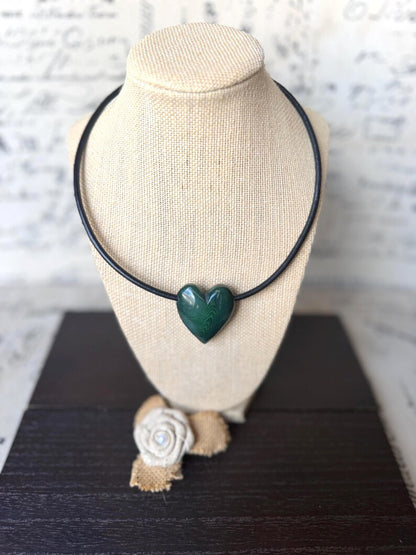 Green Heart Tagua Nut Pendant Necklace with Magnetic Clasp